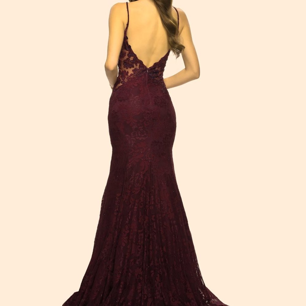 La Femme Dark Berry Sparkle Lace Mermaid Gown - Picture 3 of 6